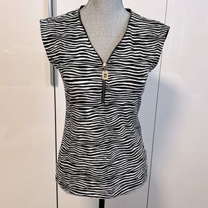 MICHAEL KORS Zebra Print Sleeveless Top Adjustable Gold Zipper V-Neck, Size S